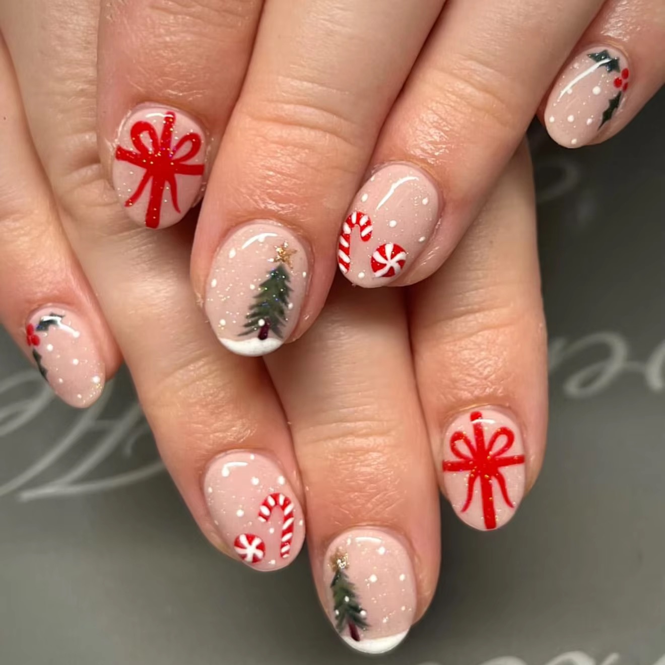 Christmas Tree Artificial - Unhas postiças curtas e redondas, com